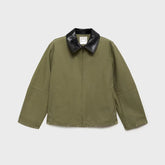 LIZAKOSHT  -  Leather Collar Cargo Jacket Coat Color Patchwork Lapel Button Zipper Pocket Workwear Outwear Loose Casual Minimalist Outwear Top